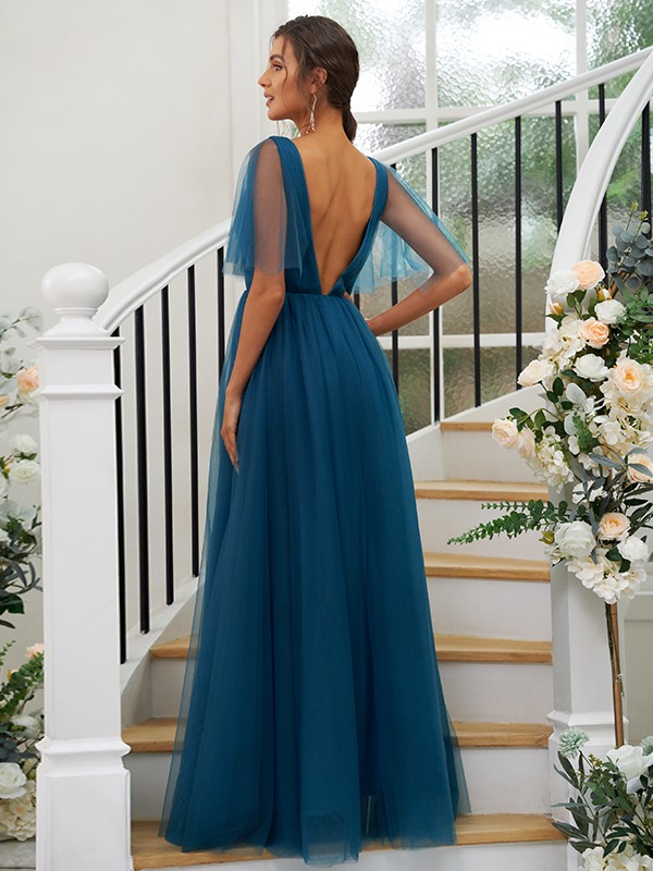 A-Line/Princess Tulle Ruffles V-neck Short Sleeves Floor-Length Bridesmaid Dresses 2772