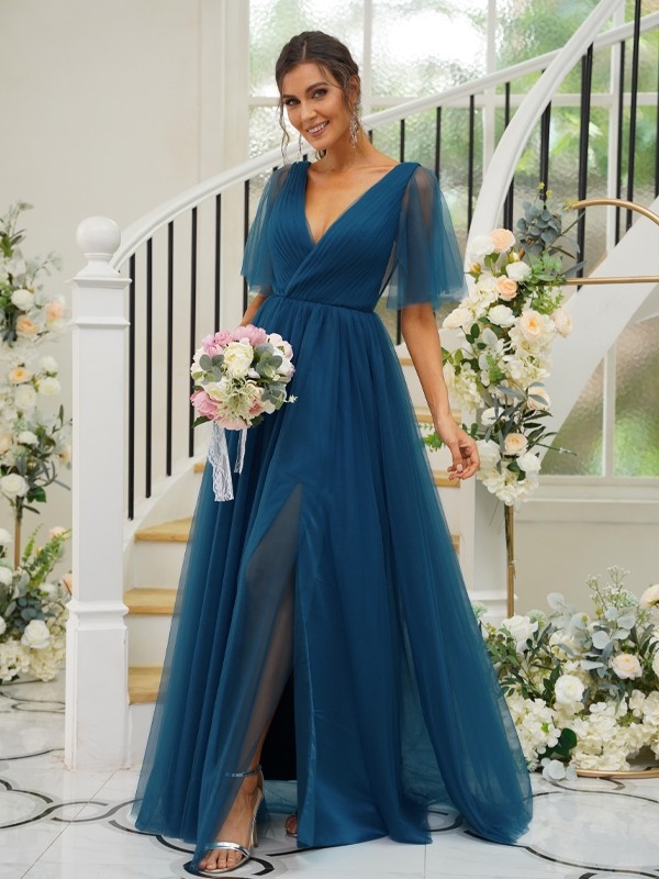 A-Line/Princess Tulle Ruffles V-neck Short Sleeves Floor-Length Bridesmaid Dresses 2772