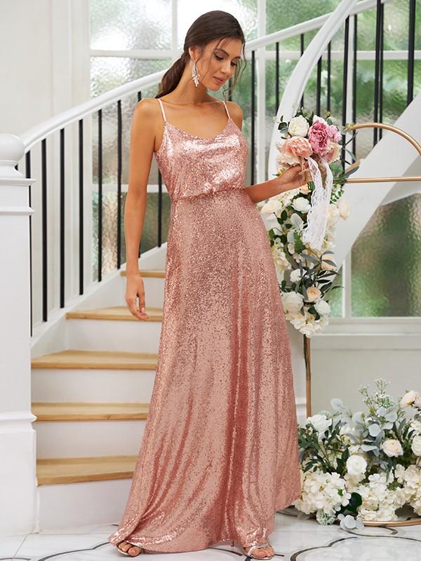 A-Line/Princess Sequins Ruched Straps Sleeveless Floor-Length Bridesmaid Dresses 2466