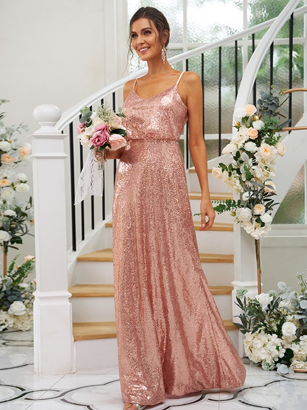 A-Line/Princess Sequins Ruched Straps Sleeveless Floor-Length Bridesmaid Dresses 2466