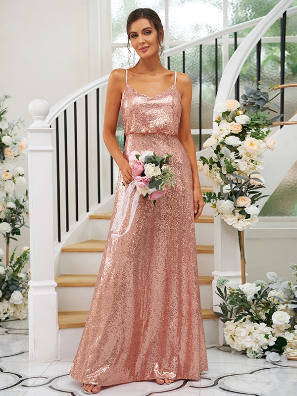 A-Line/Princess Sequins Ruched Straps Sleeveless Floor-Length Bridesmaid Dresses 2466