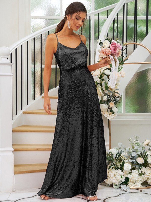 A-Line/Princess Sequins Ruched Straps Sleeveless Floor-Length Bridesmaid Dresses 2466