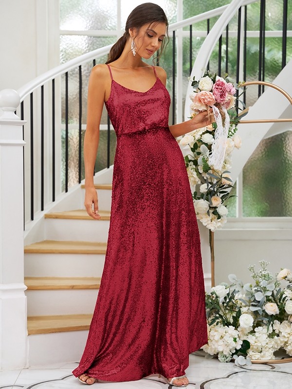 A-Line/Princess Sequins Ruched Straps Sleeveless Floor-Length Bridesmaid Dresses 2466