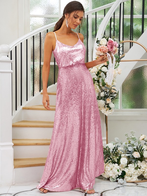 A-Line/Princess Sequins Ruched Straps Sleeveless Floor-Length Bridesmaid Dresses 2466