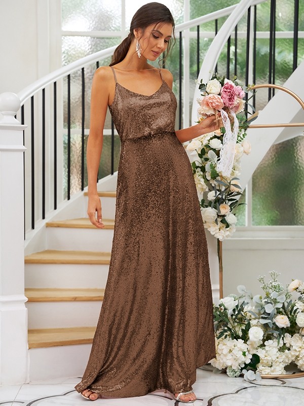 A-Line/Princess Sequins Ruched Straps Sleeveless Floor-Length Bridesmaid Dresses 2466