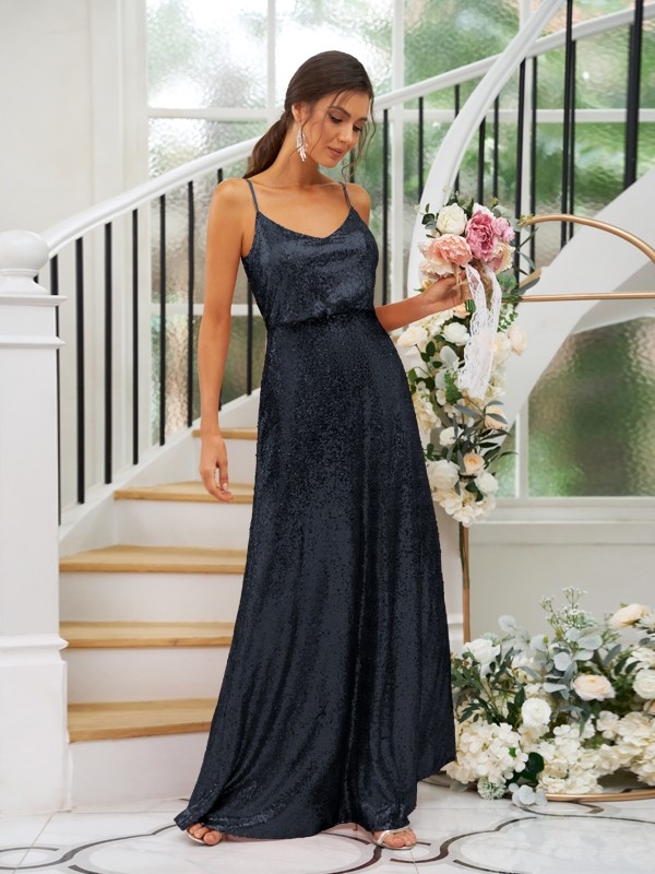 A-Line/Princess Sequins Ruched Straps Sleeveless Floor-Length Bridesmaid Dresses 2466