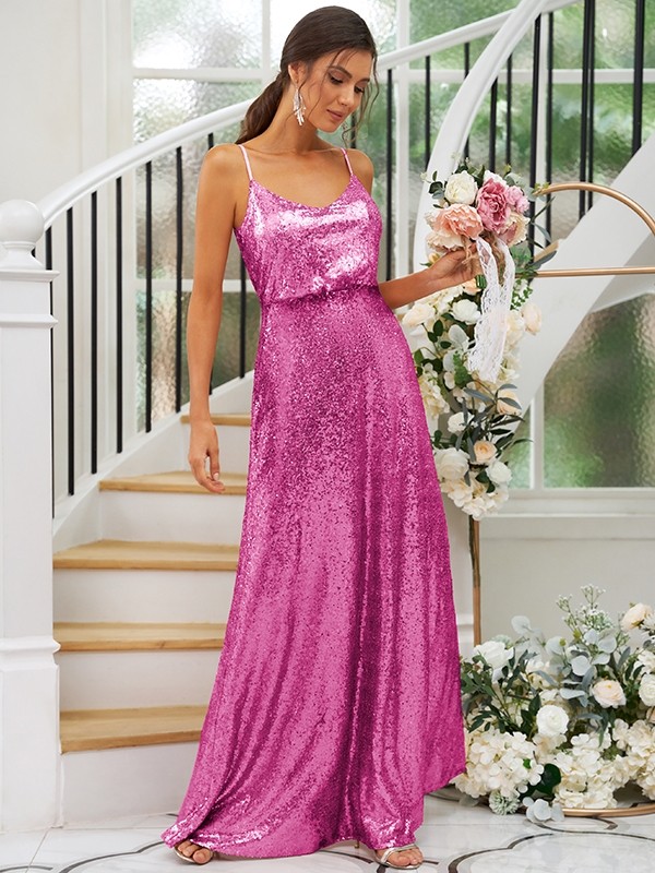 A-Line/Princess Sequins Ruched Straps Sleeveless Floor-Length Bridesmaid Dresses 2466