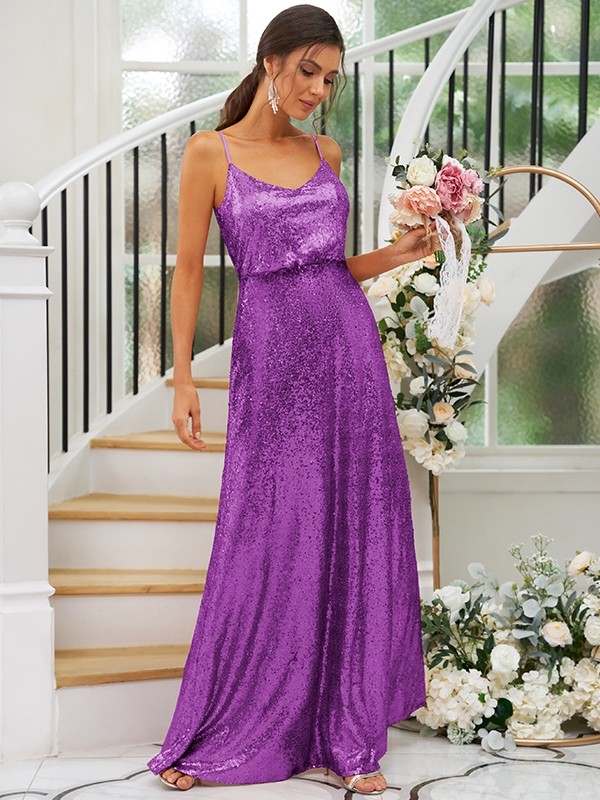 A-Line/Princess Sequins Ruched Straps Sleeveless Floor-Length Bridesmaid Dresses 2466