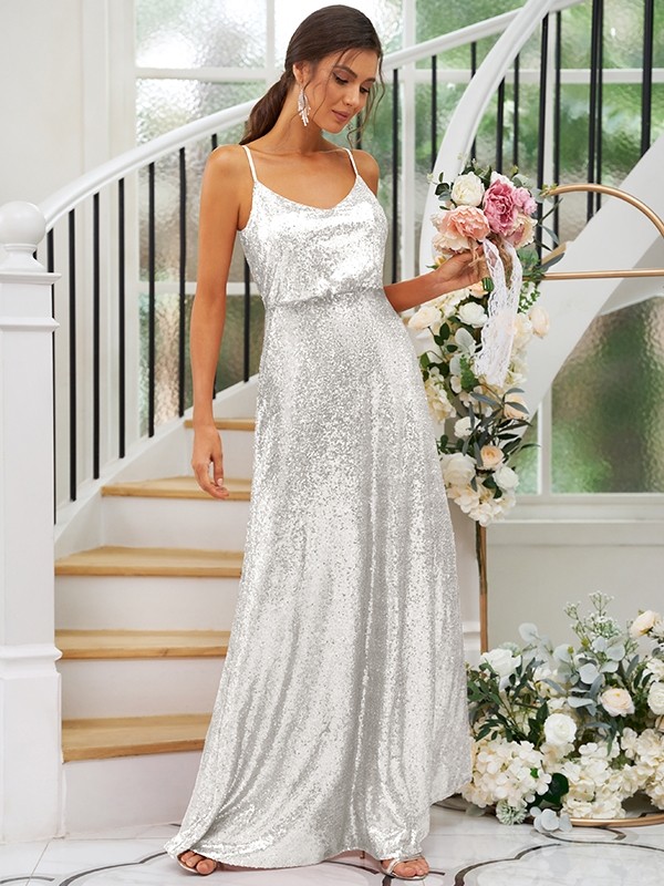 A-Line/Princess Sequins Ruched Straps Sleeveless Floor-Length Bridesmaid Dresses 2466