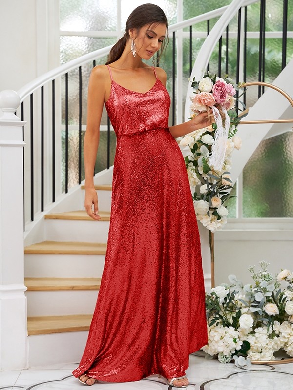 A-Line/Princess Sequins Ruched Straps Sleeveless Floor-Length Bridesmaid Dresses 2466