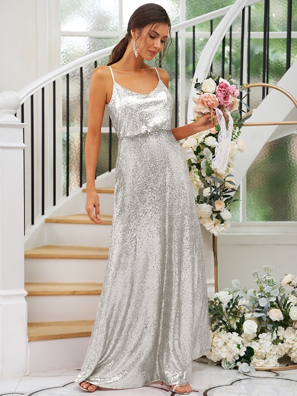 A-Line/Princess Sequins Ruched Straps Sleeveless Floor-Length Bridesmaid Dresses 2466