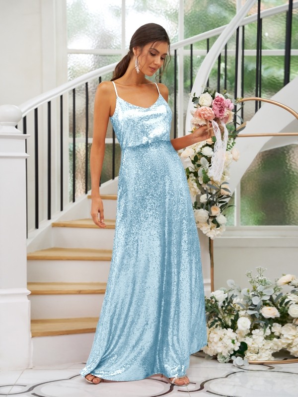 A-Line/Princess Sequins Ruched Straps Sleeveless Floor-Length Bridesmaid Dresses 2466