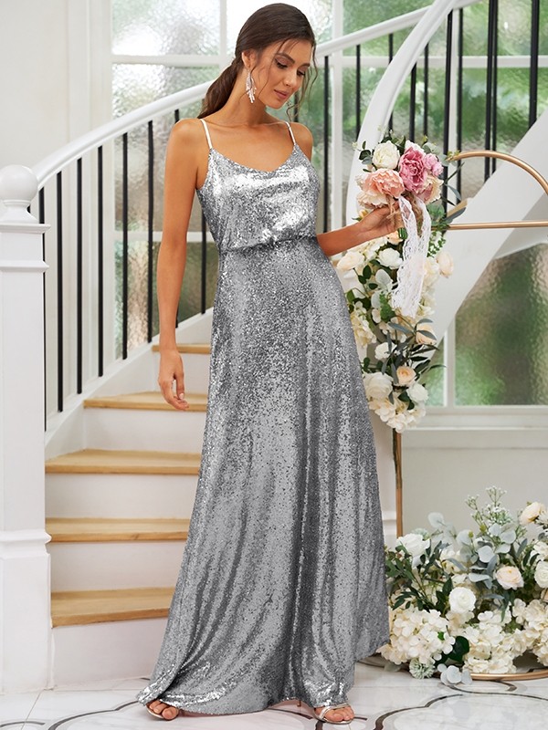 A-Line/Princess Sequins Ruched Straps Sleeveless Floor-Length Bridesmaid Dresses 2466