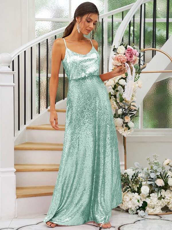 A-Line/Princess Sequins Ruched Straps Sleeveless Floor-Length Bridesmaid Dresses 2466