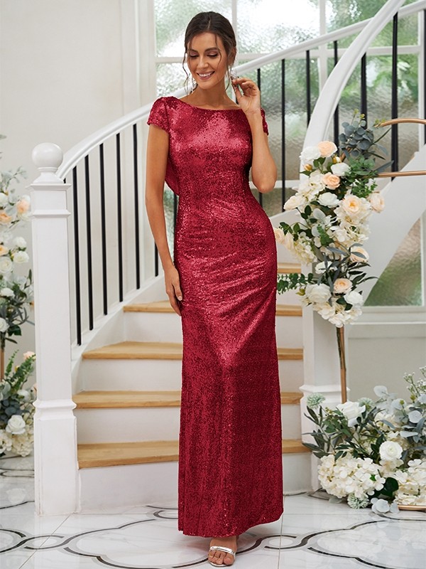 Sheath/Column Sequins Ruched Scoop Short Sleeves Floor-Length Bridesmaid Dresses 3044