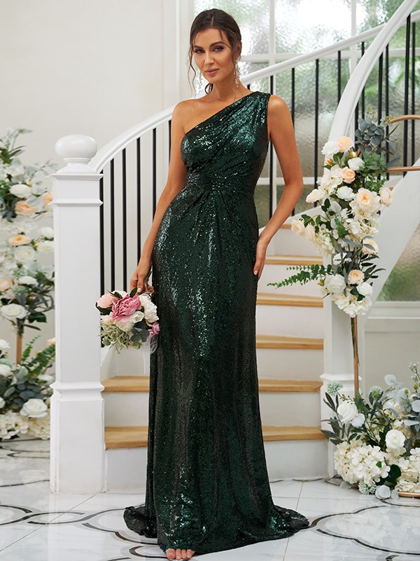 Sheath/Column Sequins Ruched One-Shoulder Sleeveless Sweep/Brush Train Bridesmaid Dresses 3042