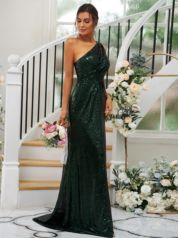 Sheath/Column Sequins Ruched One-Shoulder Sleeveless Sweep/Brush Train Bridesmaid Dresses 3042