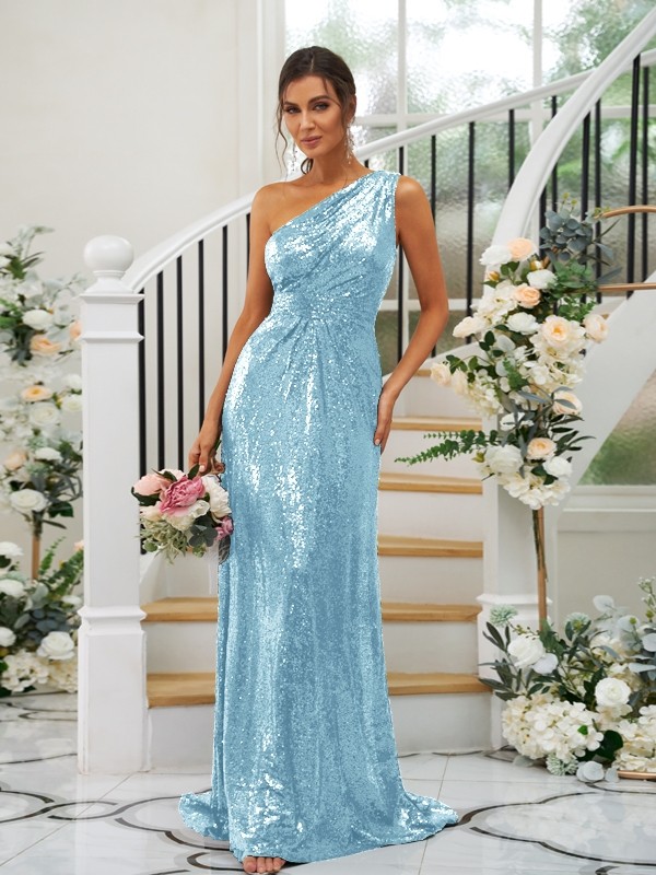 Sheath/Column Sequins Ruched One-Shoulder Sleeveless Sweep/Brush Train Bridesmaid Dresses 3042