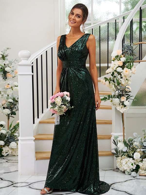 Sheath/Column Sequins Ruched V-neck Sleeveless Sweep/Brush Train Bridesmaid Dresses 3048