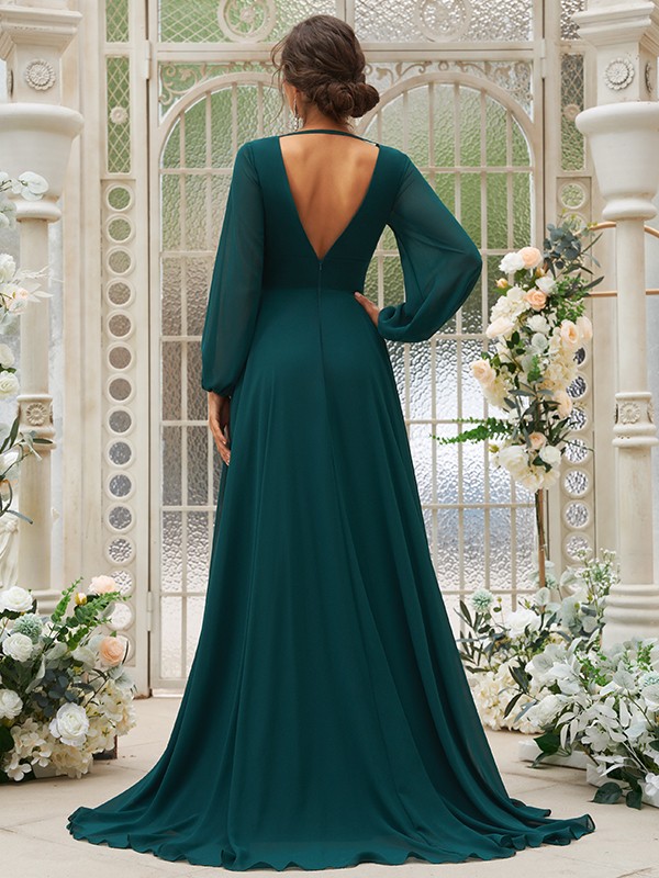 A-Line/Princess Chiffon Ruffles V-neck Long Sleeves Sweep/Brush Train Bridesmaid Dresses 2219