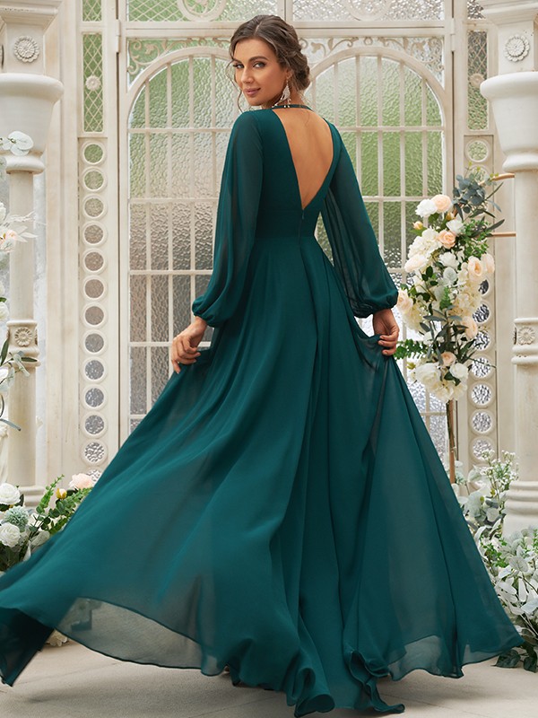 A-Line/Princess Chiffon Ruffles V-neck Long Sleeves Sweep/Brush Train Bridesmaid Dresses 2219