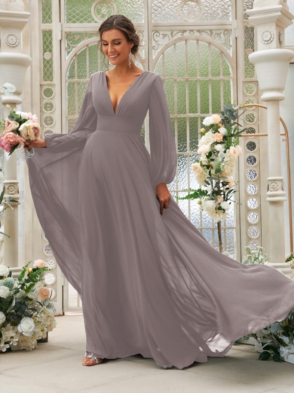 A-Line/Princess Chiffon Ruffles V-neck Long Sleeves Sweep/Brush Train Bridesmaid Dresses 2219