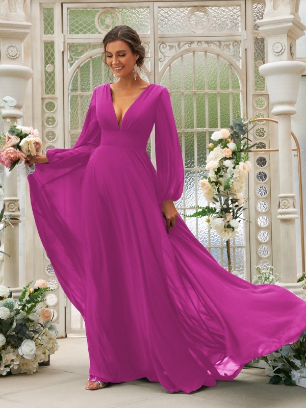 A-Line/Princess Chiffon Ruffles V-neck Long Sleeves Sweep/Brush Train Bridesmaid Dresses 2219