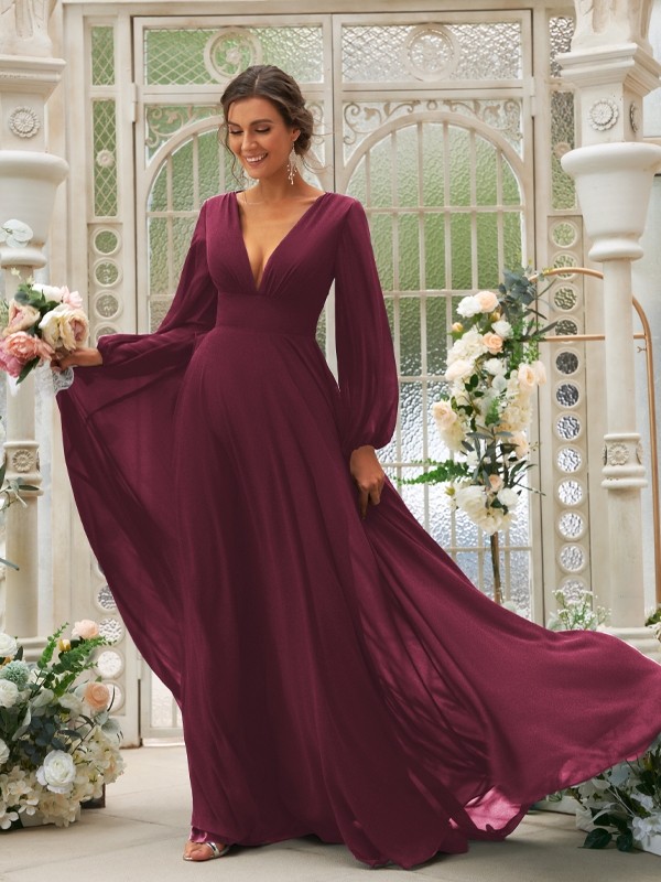 A-Line/Princess Chiffon Ruffles V-neck Long Sleeves Sweep/Brush Train Bridesmaid Dresses 2219