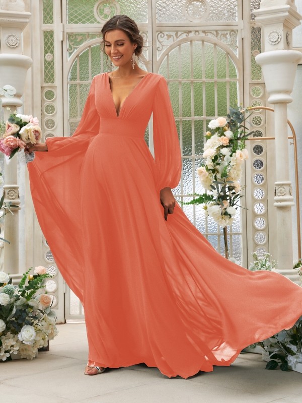 A-Line/Princess Chiffon Ruffles V-neck Long Sleeves Sweep/Brush Train Bridesmaid Dresses 2219