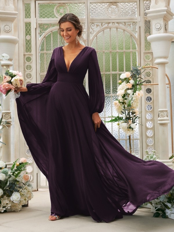 A-Line/Princess Chiffon Ruffles V-neck Long Sleeves Sweep/Brush Train Bridesmaid Dresses 2219