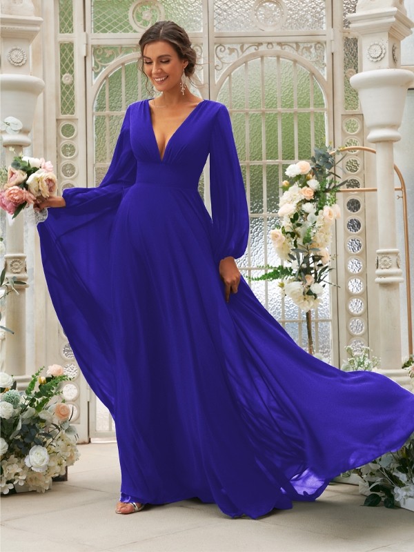 A-Line/Princess Chiffon Ruffles V-neck Long Sleeves Sweep/Brush Train Bridesmaid Dresses 2219