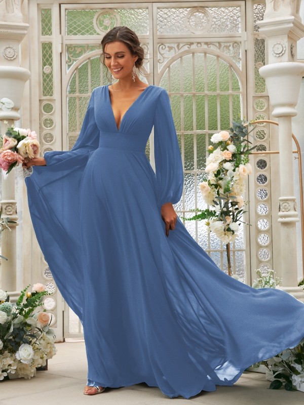 A-Line/Princess Chiffon Ruffles V-neck Long Sleeves Sweep/Brush Train Bridesmaid Dresses 2219