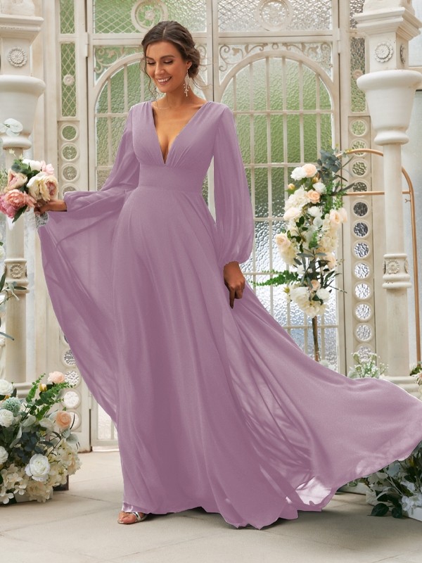 A-Line/Princess Chiffon Ruffles V-neck Long Sleeves Sweep/Brush Train Bridesmaid Dresses 2219