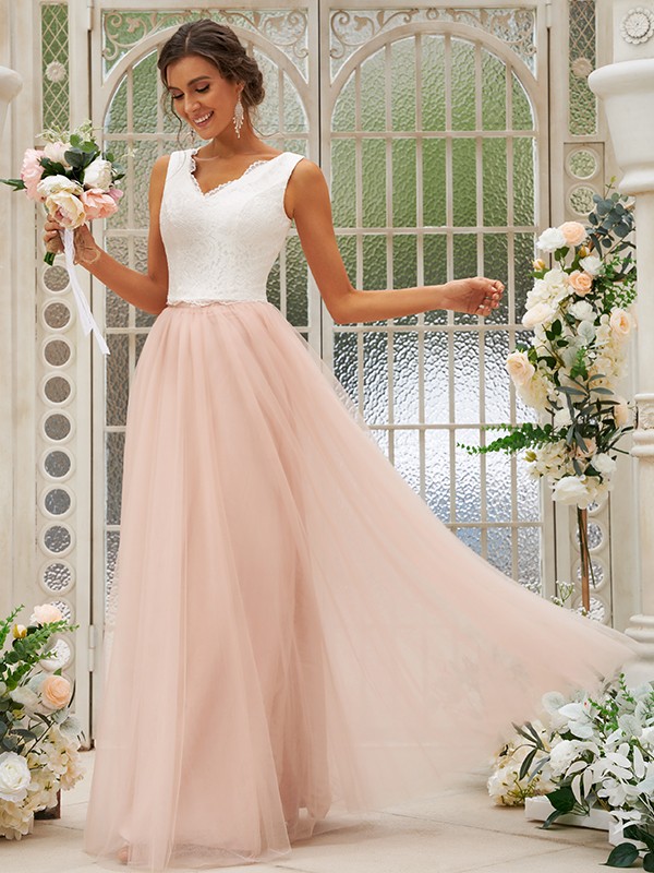 A-Line/Princess Tulle Lace V-neck Sleeveless Floor-Length Two Piece Bridesmaid Dresses 2761