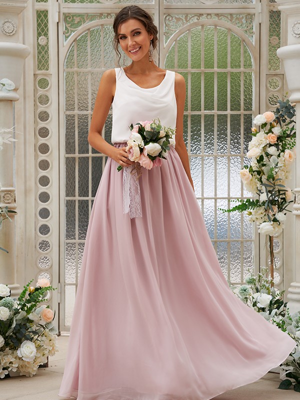 A-Line/Princess Chiffon Ruffles Scoop Sleeveless Floor-Length Two Piece Bridesmaid Dresses 2210