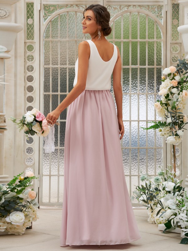 A-Line/Princess Chiffon Ruffles Scoop Sleeveless Floor-Length Two Piece Bridesmaid Dresses 2210