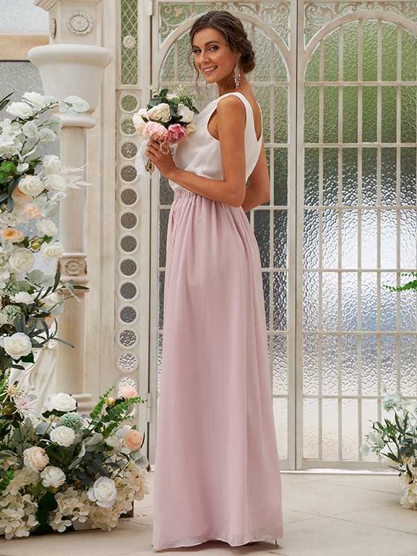 A-Line/Princess Chiffon Ruffles Scoop Sleeveless Floor-Length Two Piece Bridesmaid Dresses 2210