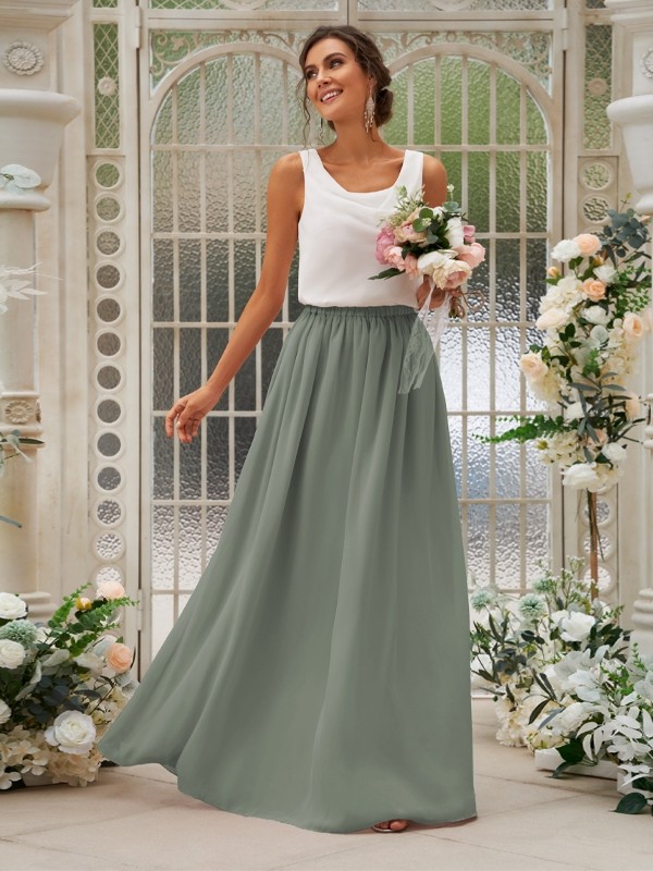 A-Line/Princess Chiffon Ruffles Scoop Sleeveless Floor-Length Two Piece Bridesmaid Dresses 2210