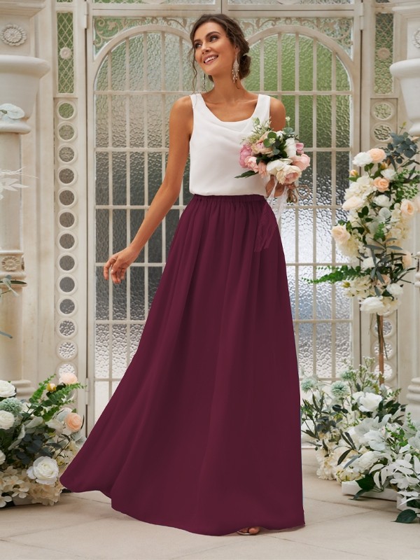 A-Line/Princess Chiffon Ruffles Scoop Sleeveless Floor-Length Two Piece Bridesmaid Dresses 2210