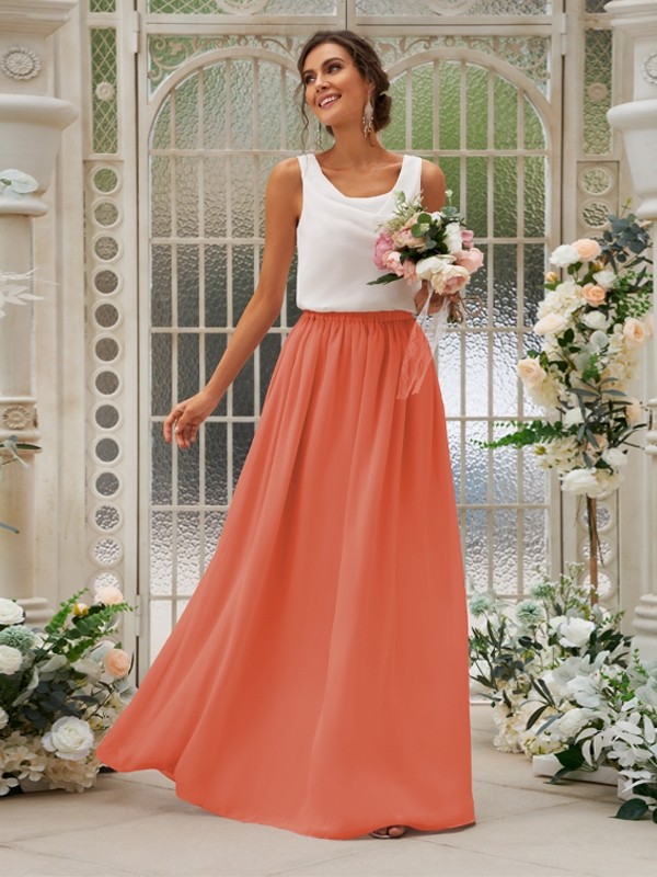 A-Line/Princess Chiffon Ruffles Scoop Sleeveless Floor-Length Two Piece Bridesmaid Dresses 2210