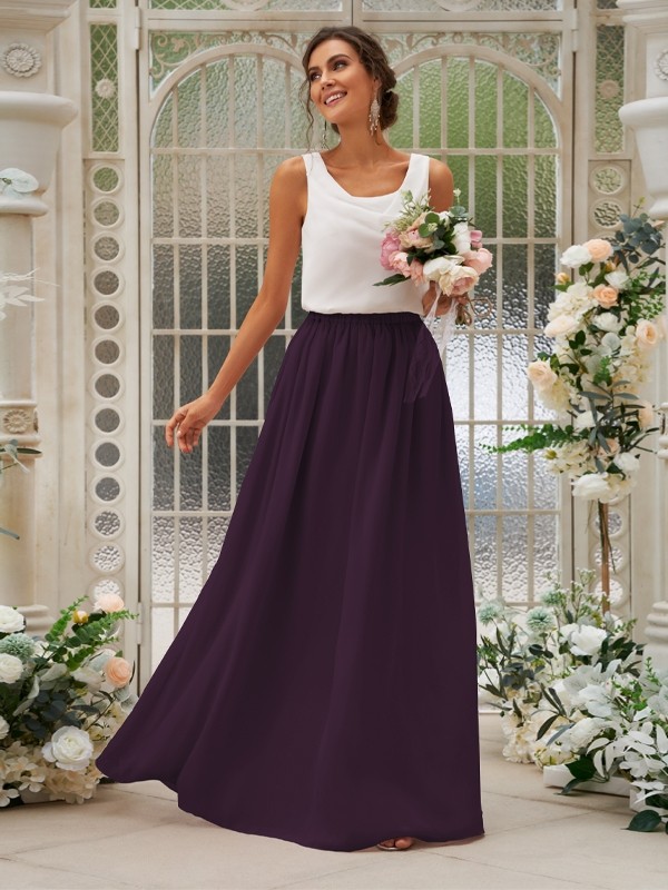 A-Line/Princess Chiffon Ruffles Scoop Sleeveless Floor-Length Two Piece Bridesmaid Dresses 2210