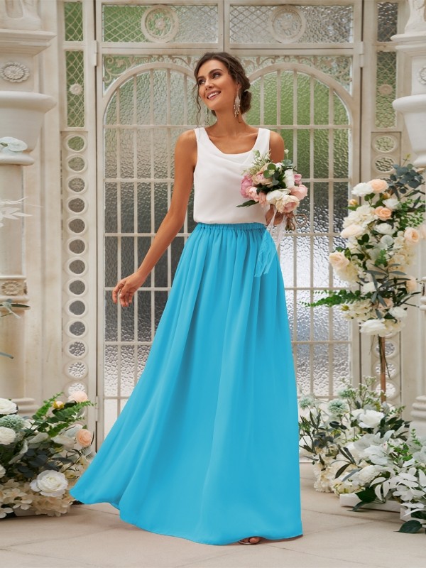 A-Line/Princess Chiffon Ruffles Scoop Sleeveless Floor-Length Two Piece Bridesmaid Dresses 2210