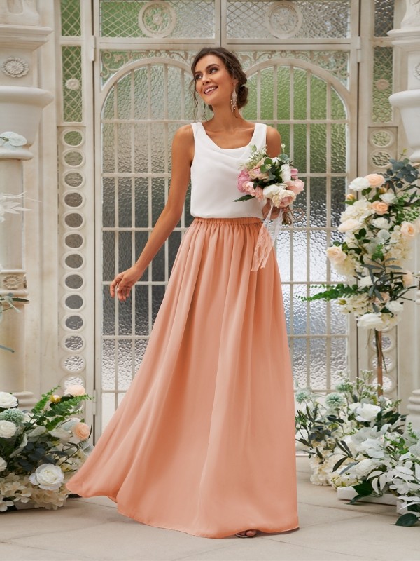 A-Line/Princess Chiffon Ruffles Scoop Sleeveless Floor-Length Two Piece Bridesmaid Dresses 2210