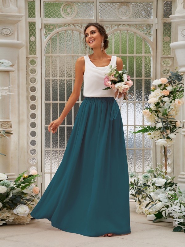 A-Line/Princess Chiffon Ruffles Scoop Sleeveless Floor-Length Two Piece Bridesmaid Dresses 2210