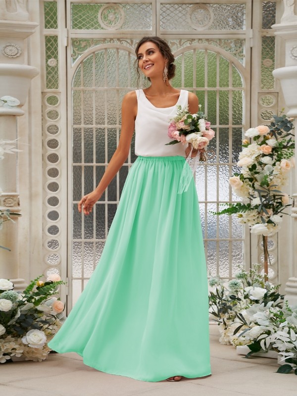 A-Line/Princess Chiffon Ruffles Scoop Sleeveless Floor-Length Two Piece Bridesmaid Dresses 2210