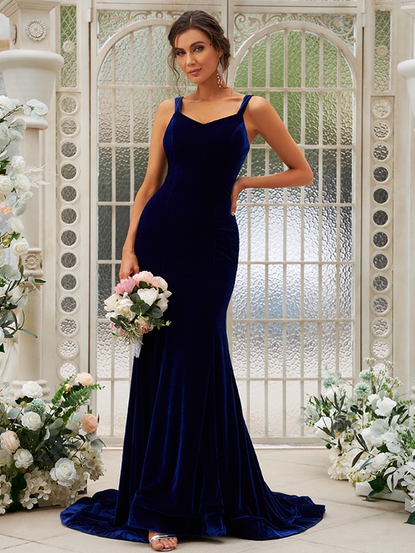 Trumpet/Mermaid Velvet Ruffles Straps Sleeveless Sweep/Brush Train Bridesmaid Dresses 3313