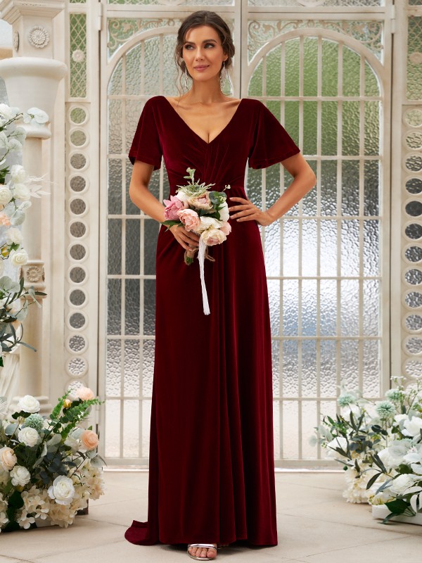 A-Line/Princess Velvet Ruched V-neck Short Sleeves Sweep/Brush Train Bridesmaid Dresses 2863