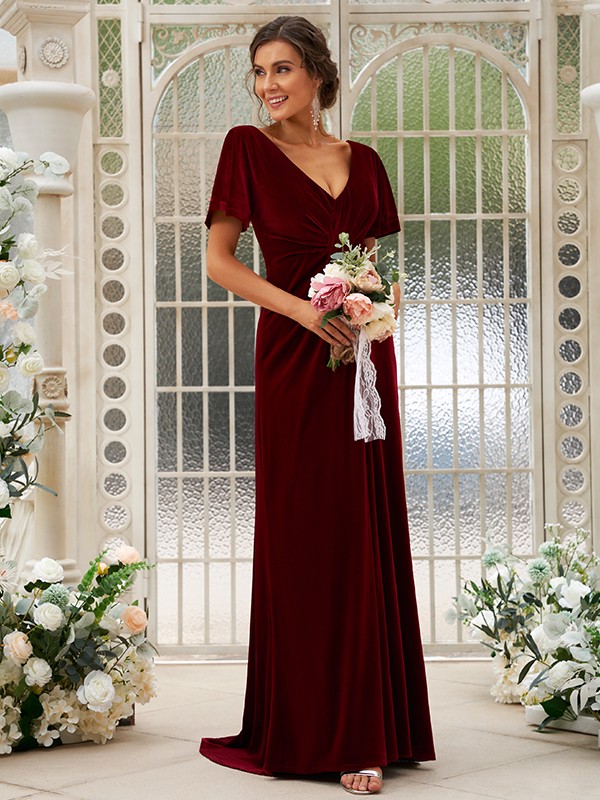 A-Line/Princess Velvet Ruched V-neck Short Sleeves Sweep/Brush Train Bridesmaid Dresses 2863