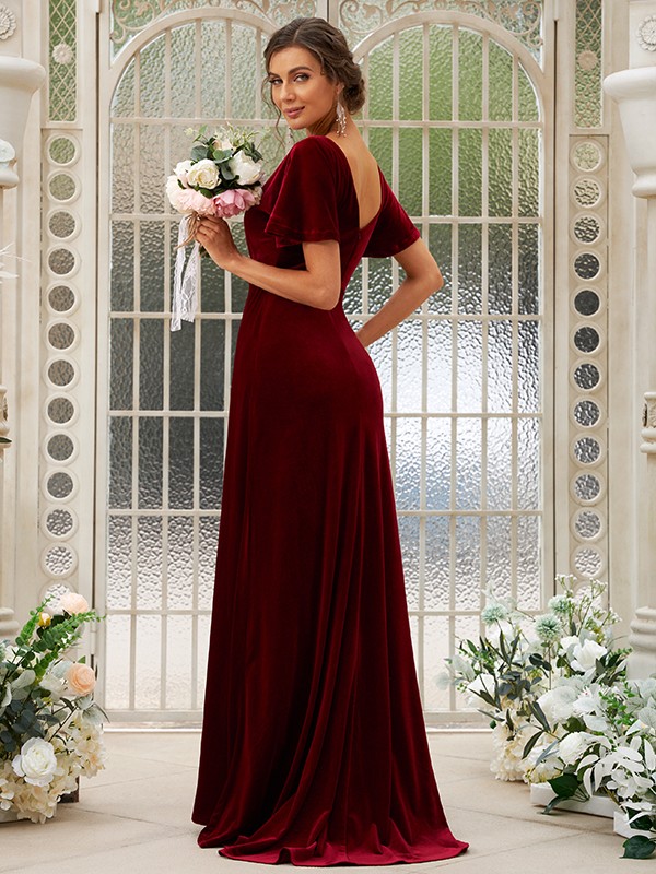 A-Line/Princess Velvet Ruched V-neck Short Sleeves Sweep/Brush Train Bridesmaid Dresses 2863