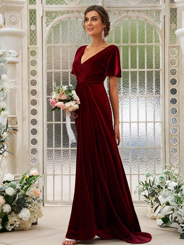 A-Line/Princess Velvet Ruched V-neck Short Sleeves Sweep/Brush Train Bridesmaid Dresses 2863